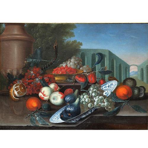 Картина &quot;Натюрморт с фруктами и виноградом на фоне античных руин&quot;.