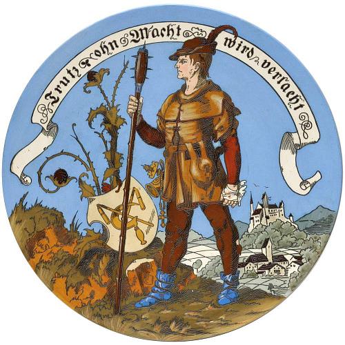 Декоративные парные тарелки с воинами в средневековых костюмах и геральдическими щитами.