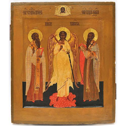 Икона «Св. Мч. Антипа Пергамский, Ангел-хранитель, Св.Мч. Харлампий Магнезийский».